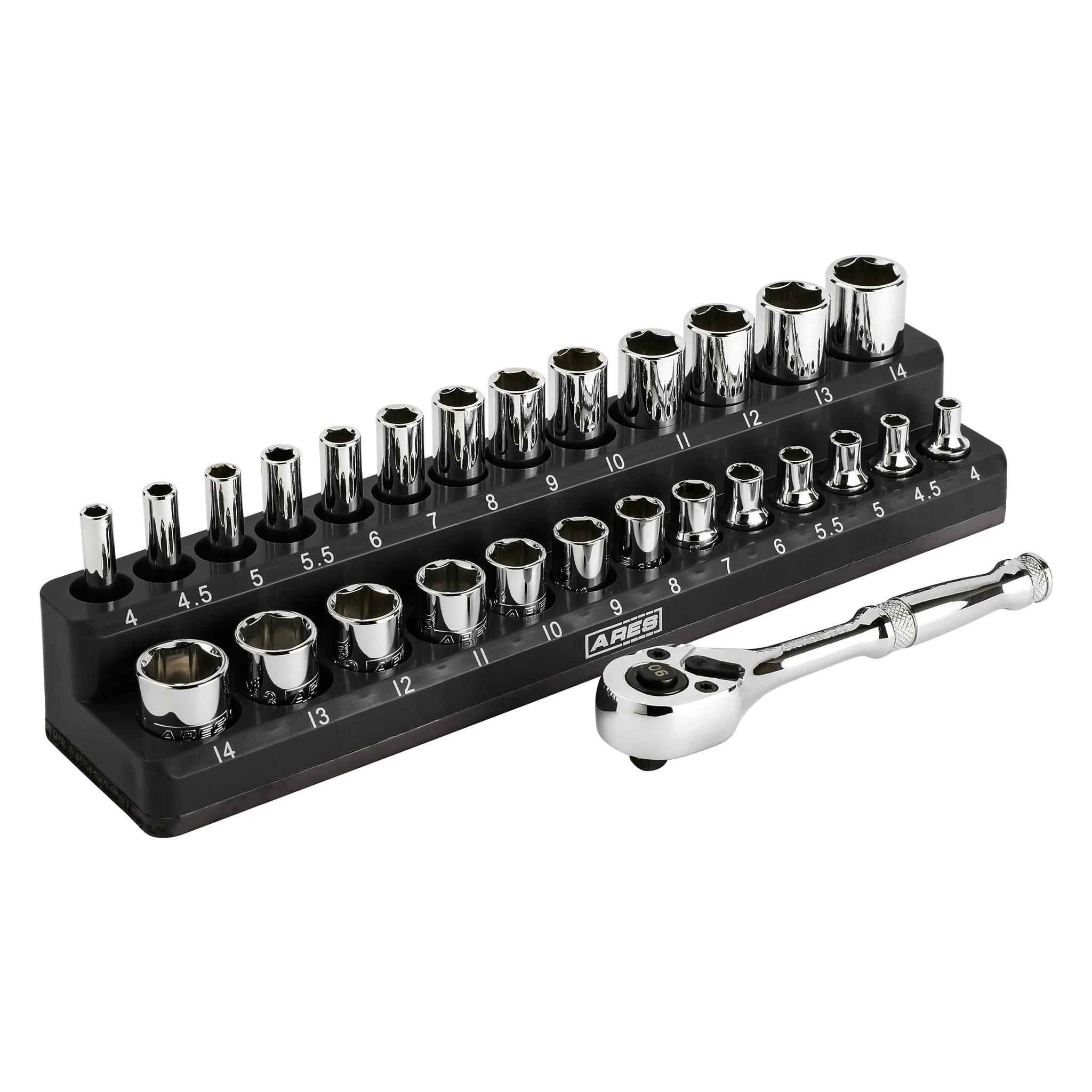 ARES 47003 - 28-Piece 1/4-inch Drive Metric Socket and 90-Tooth Ratchet Set with Magnetic Organizer - Image 6