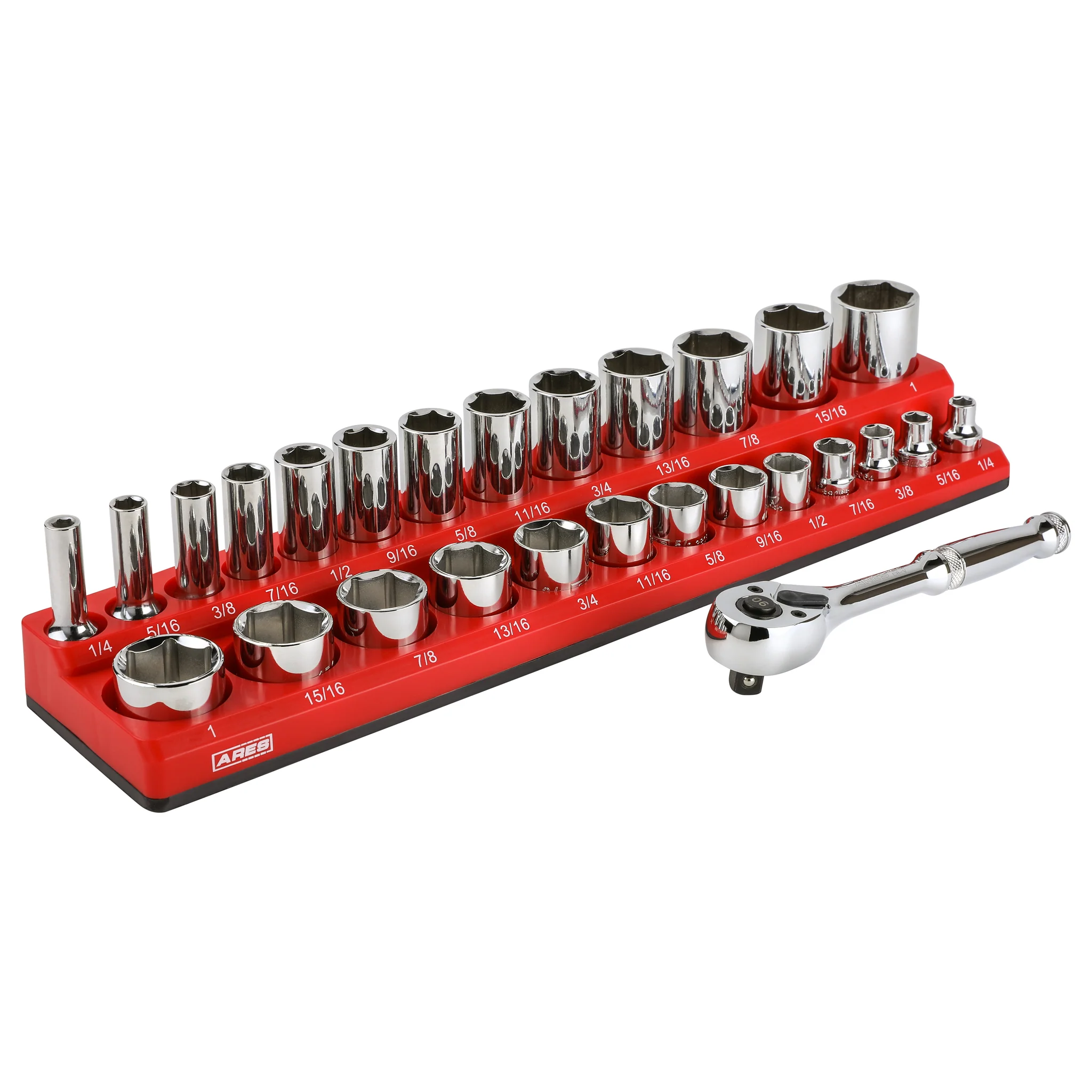 ARES 47007 - 28-Piece 3/8-inch Drive SAE Socket and 90-Tooth Ratchet Set with Magnetic Organizer - Image 6