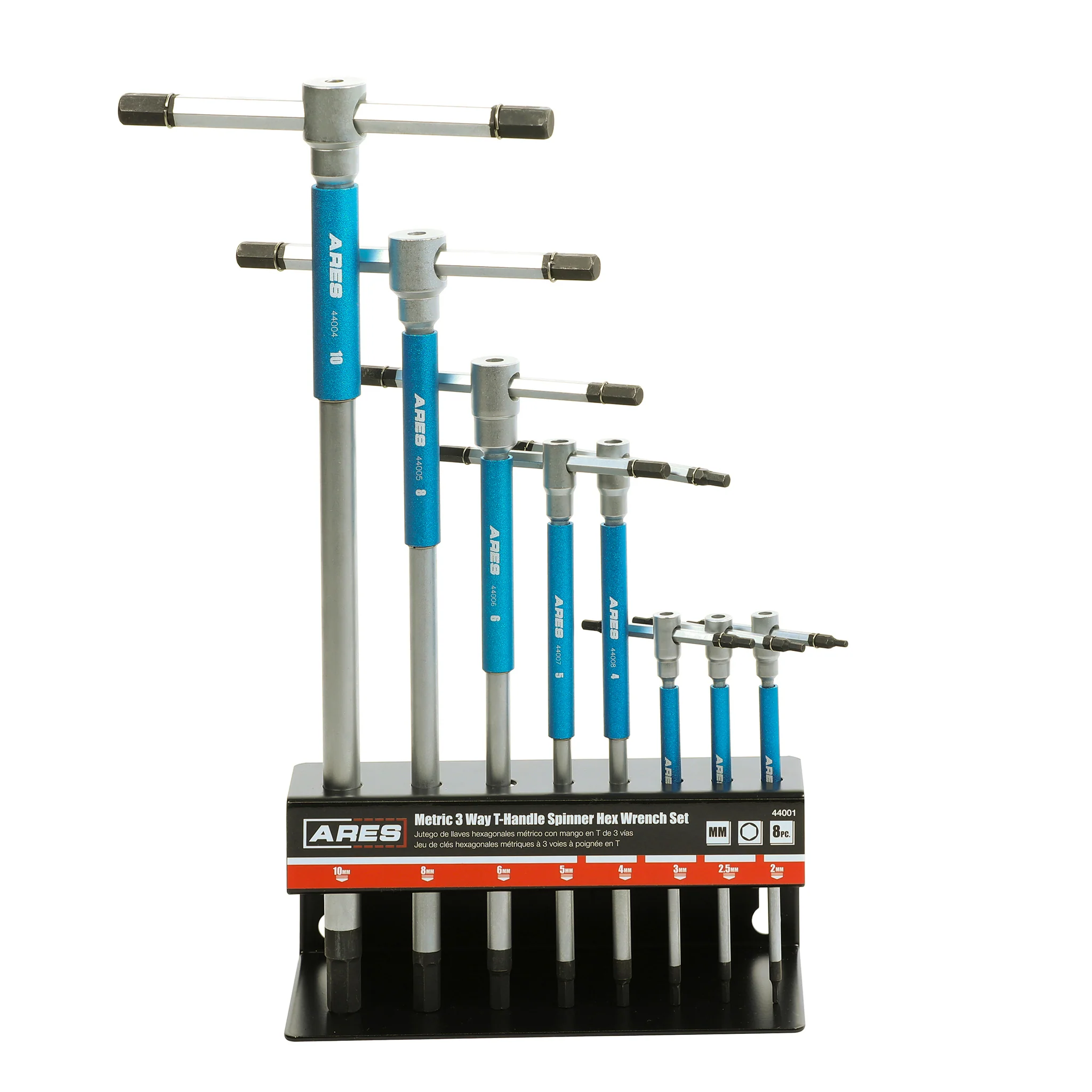 ARES 44001 - 8-Piece Metric 3-Way T-Handle Spinner Hex Allen Key Wrench Set - Image 7